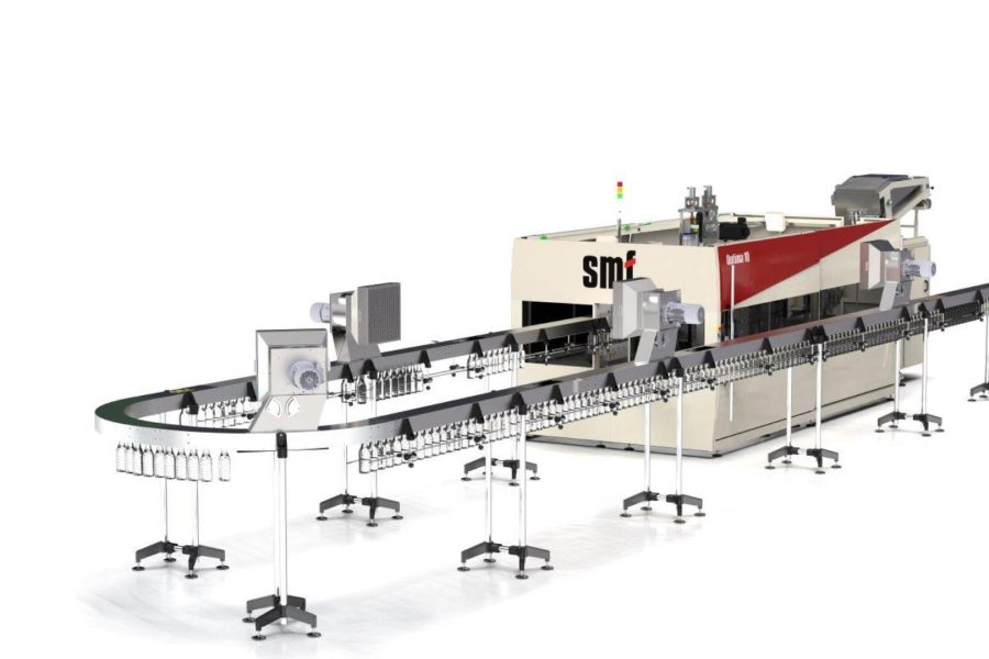 Bottle transport line with air conveyors.