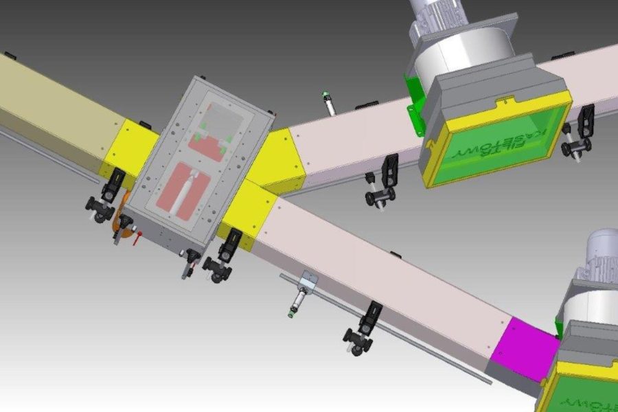 Complex layout of a conveyor line, including bends and inclines.