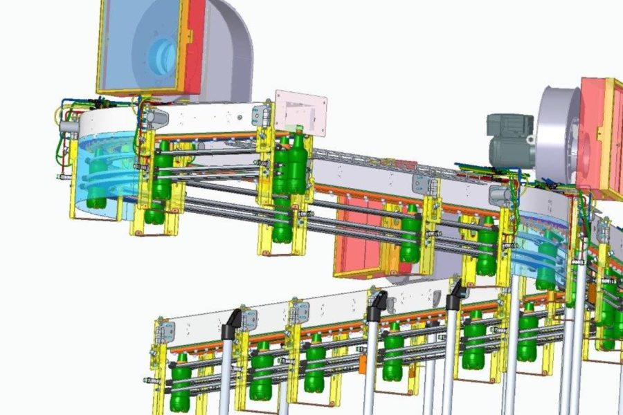 A section of a production line with a bottle conveyor system.
