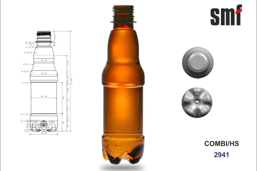 Technical drawings and a 3D visualization of an amber PET bottle (model COMBI/HS 2941), an example of a product that can be manufactured by a blowing machine.